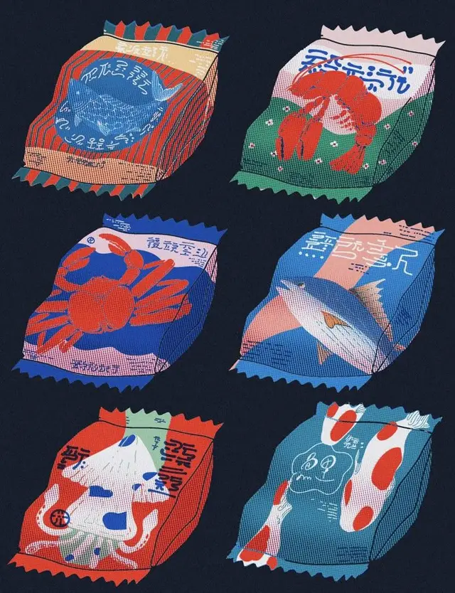 Six Retro-Style Japanese Snack Wrappers with Sea Creatures