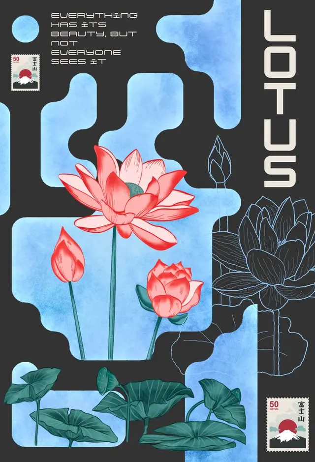 Lotus poster with Mount Fuji stamps and quote