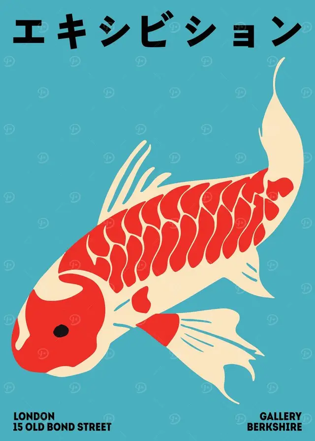 Koi exhibition poster — red and cream koi on teal background