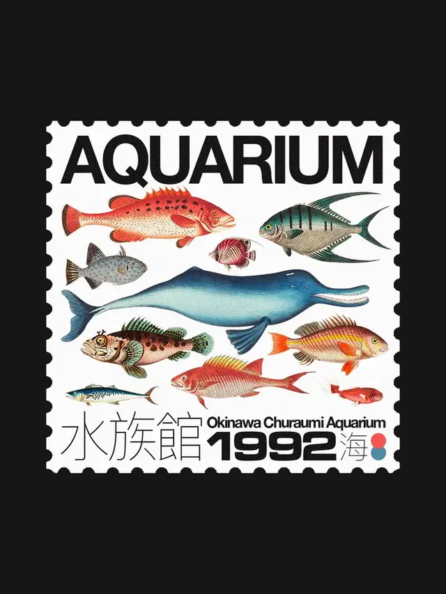 Vintage Okinawa Churaumi Aquarium stamp-style print (1992)