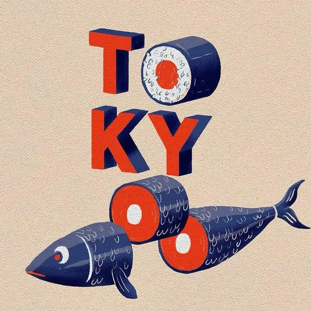 TOKYO poster — sushi-roll O's forming a fish