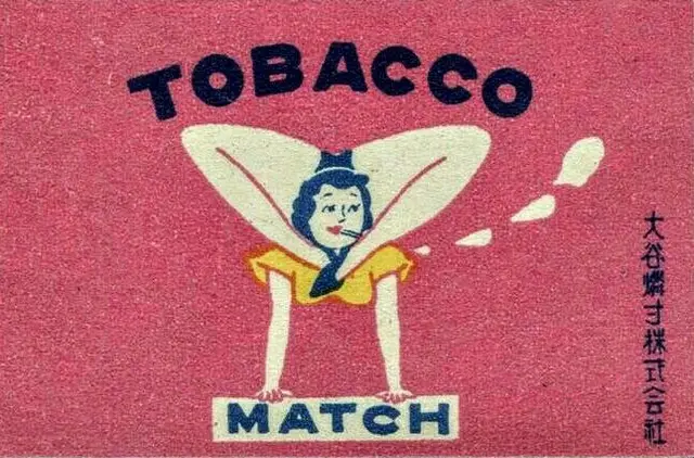 Vintage pink matchbox label reading "TOBACCO" and "MATCH" with stylized woman illustration