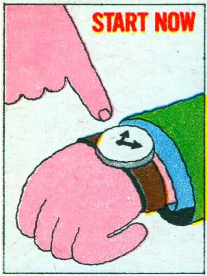 Retro comic panel: pointing finger at wristwatch with 'START NOW' text