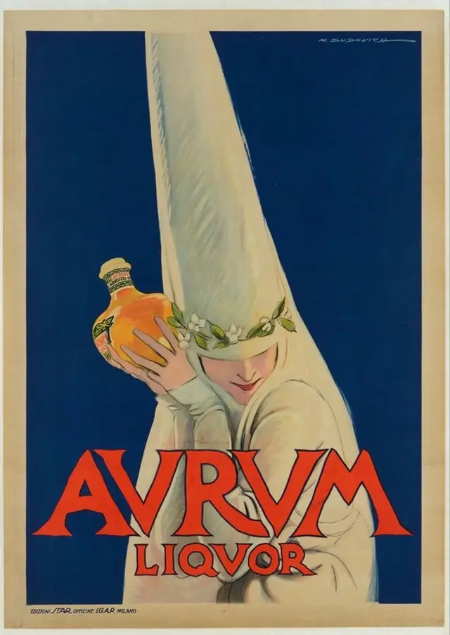 AVRVM LIQVOR — vintage Italian liqueur poster, woman with tall conical headdress