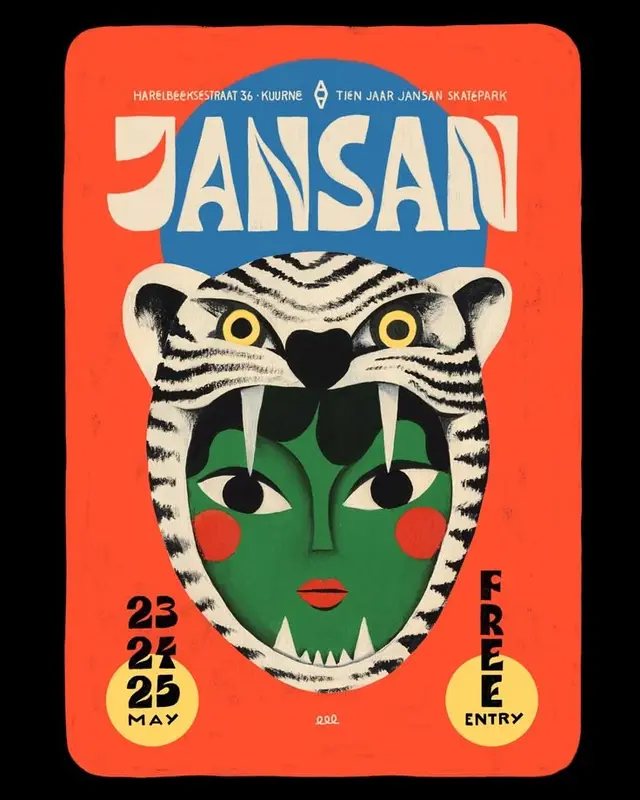 JANSAN skatepark poster — tiger-mask illustration, 23–25 May, Free Entry