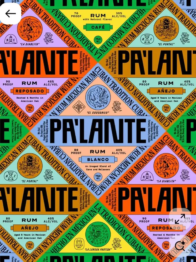 Pa'lante rum repeating label pattern — colorful diagonal packaging tiles