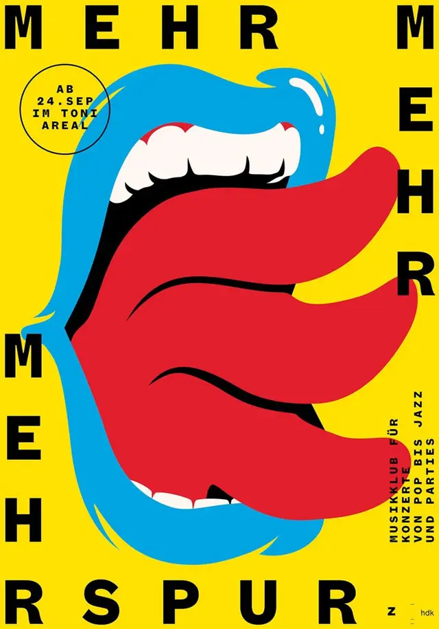 Pop‑art event poster with blue lips and three red tongues — 'MEHRSPUR' (Toni Areal)