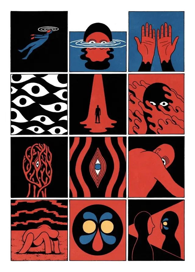 Twelve-panel surreal comic grid with eye motifs — red, black & blue