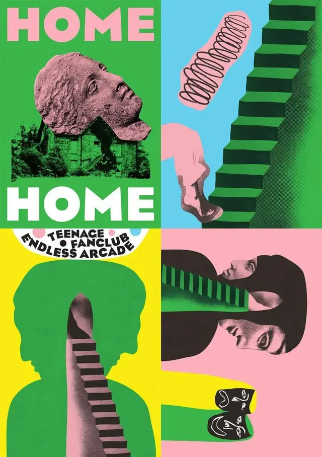 Pop-art four-panel collage poster with 'HOME' and 'Teenage Fanclub — Endless Arcade'