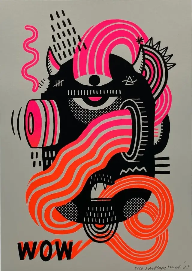 Neon Pop-Surreal Monster Poster with "WOW"