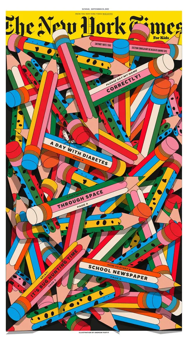 The New York Times For Kids cover — colorful pile of labeled pencils (illustration by Andy