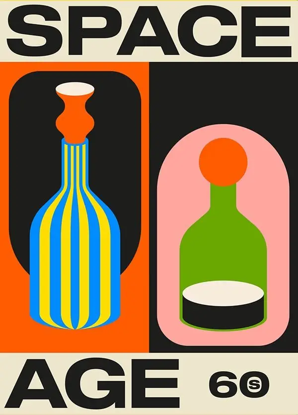 Space Age 60s retro poster — mid-century stylized bottles