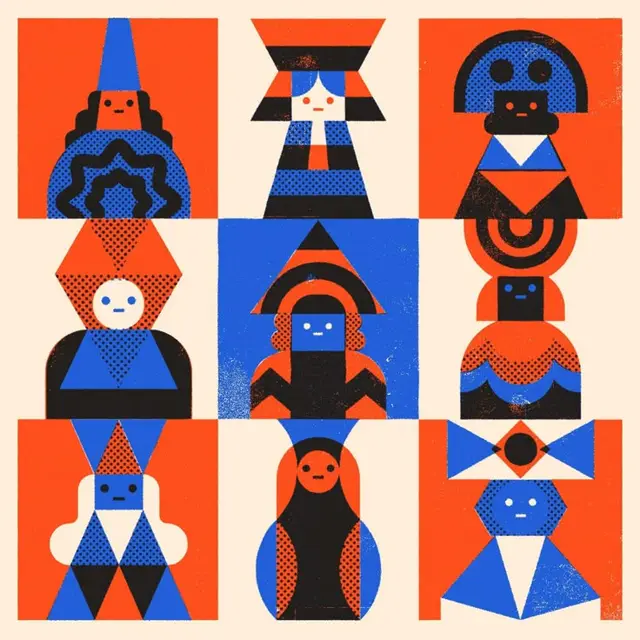 Nine Geometric Folk Portraits — 3x3 Grid Poster (Red-Blue-Cream)