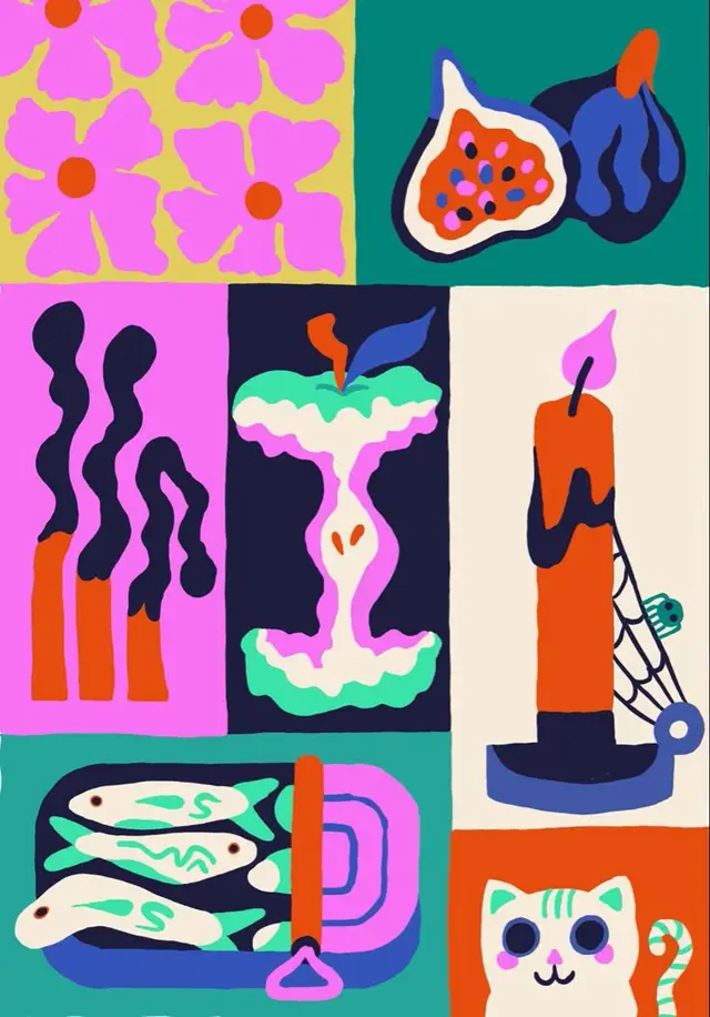 Bright Pop‑Art Grid of Everyday Objects — Fig, Apple Core, Sardines, Candle, Cat
