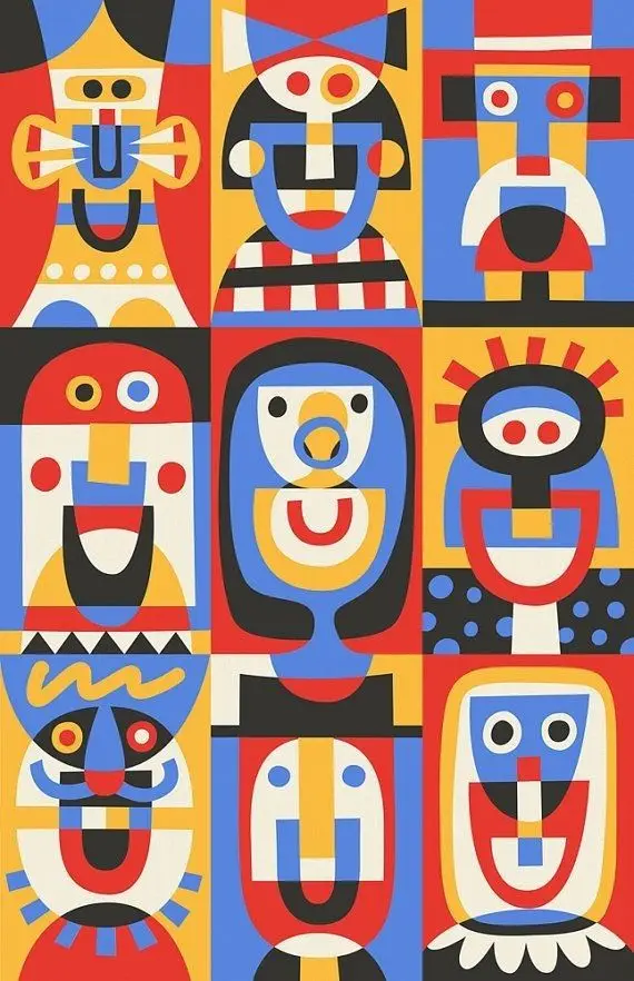 Nine-panel geometric poster of colorful abstract faces