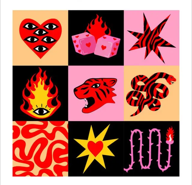 Pop‑Art Icon Grid — Flaming Dice, Tiger, Multi‑Eye Heart