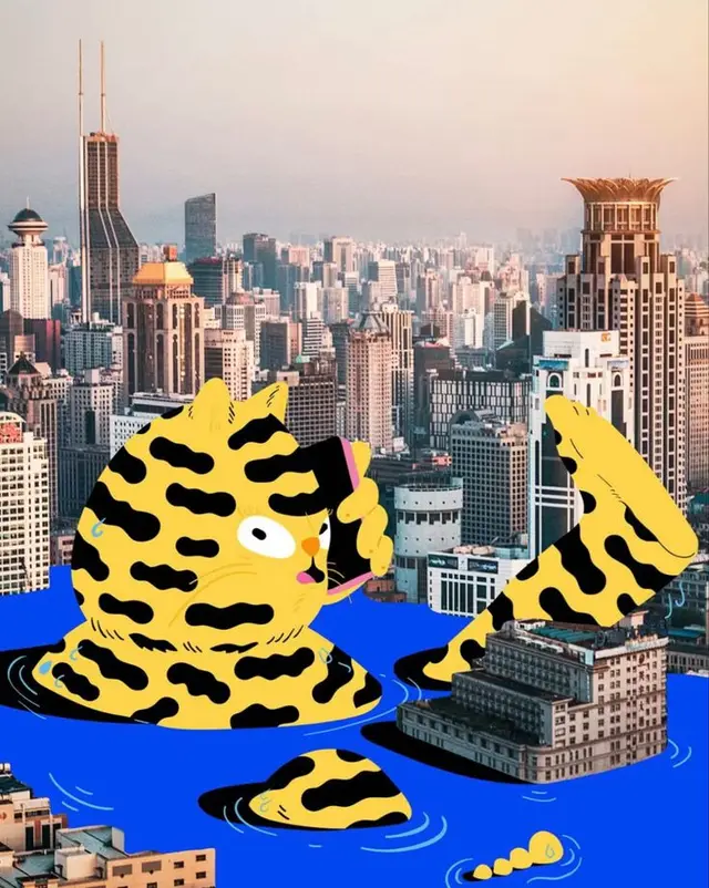 Giant yellow-and-black striped cat emerging from flooded city — mixed-media collage