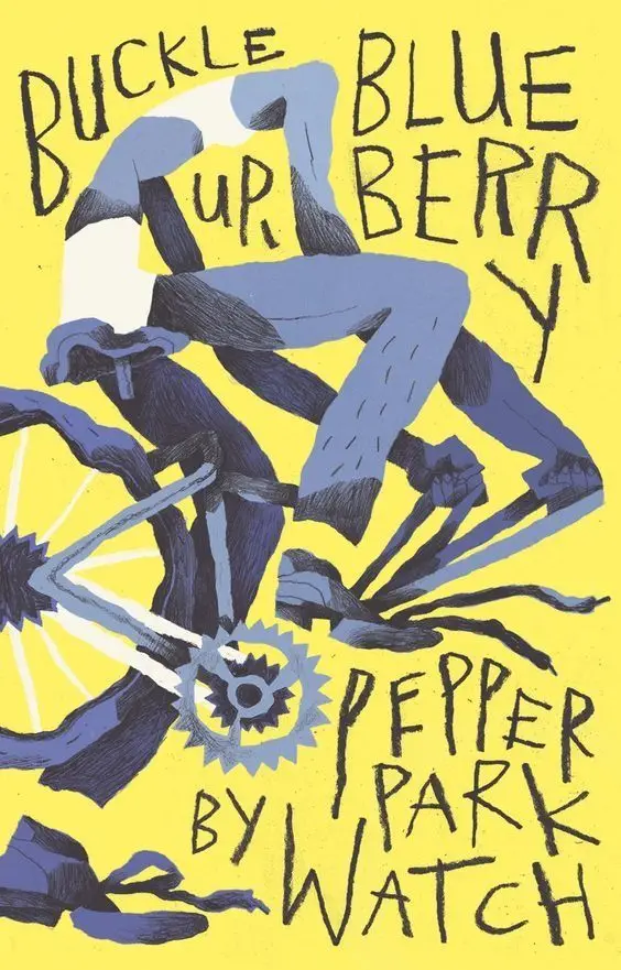 Hand-drawn bicycle rider poster — 'Buckle Up Blueberry' on bright yellow