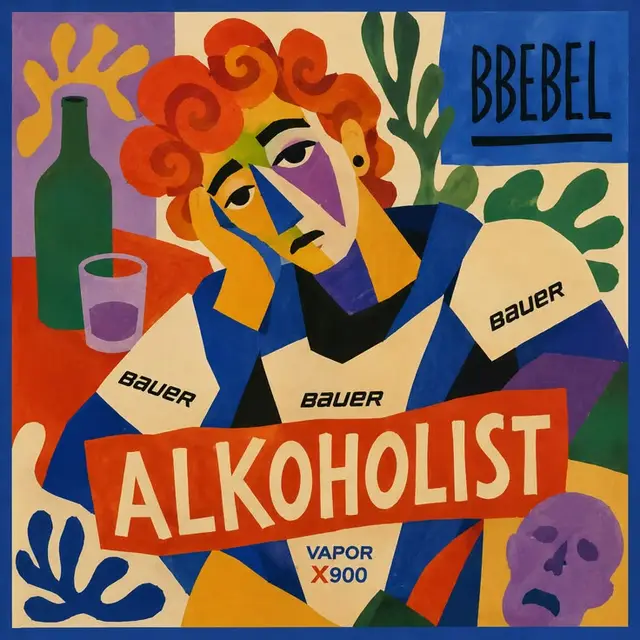 ALKOHOLIST — color‑block poster of a pensive hockey player