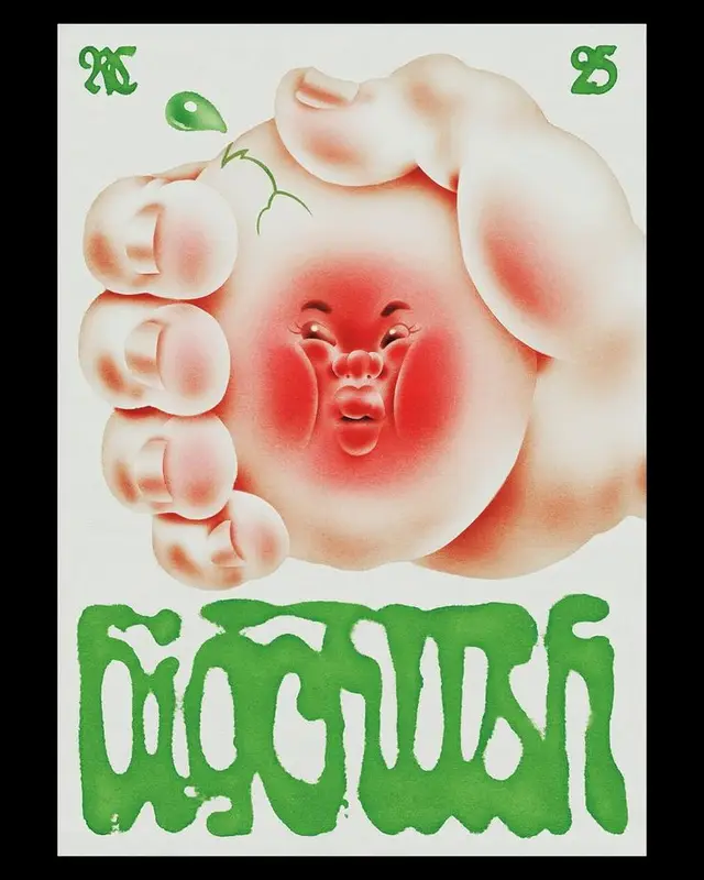 Surreal airbrushed poster — hand squeezing blushing round face with green lettering
