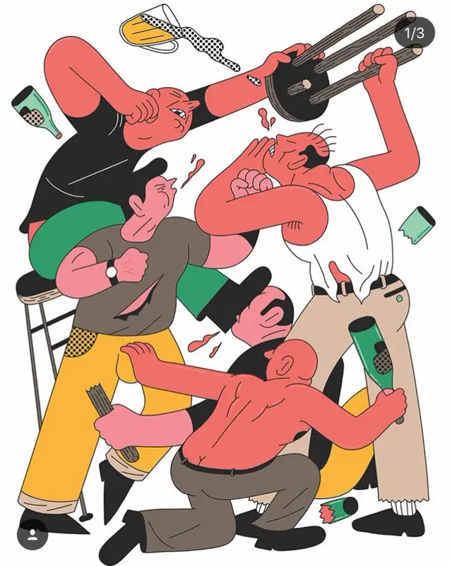 Flat vector illustration of a five-man bar fight