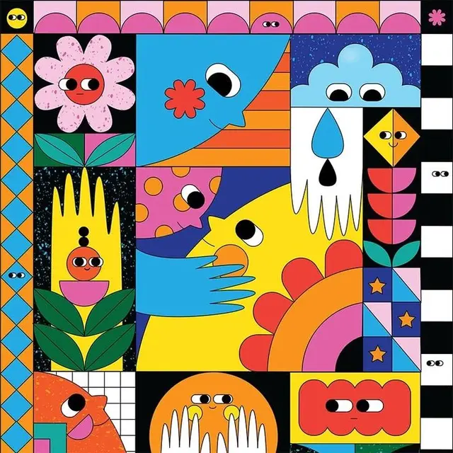 Playful Geometric Collage of Faces, Sun and Flowers