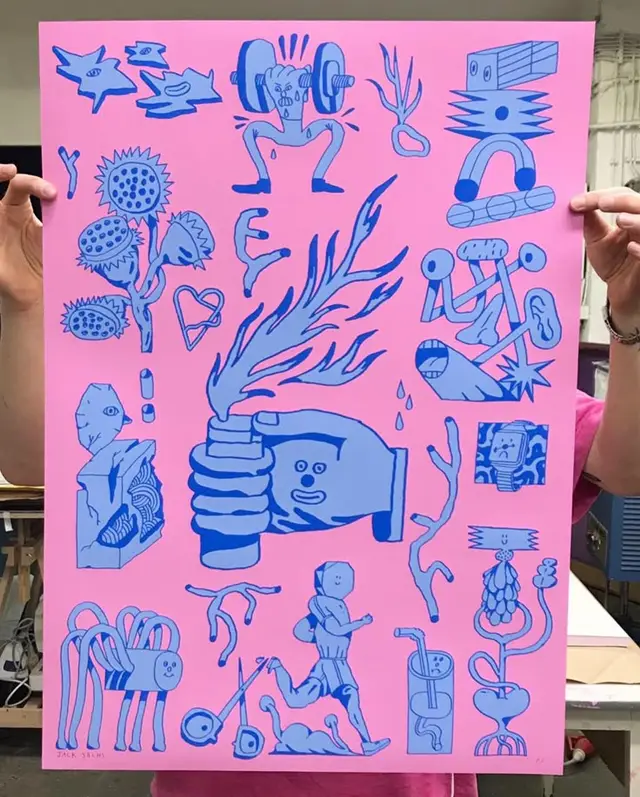 Two-color poster — blue doodles on hot pink paper