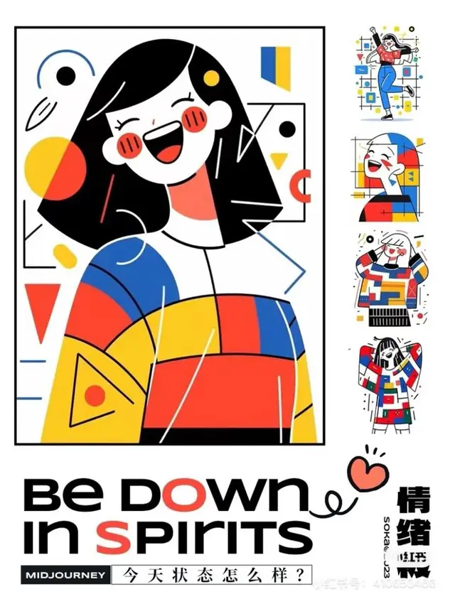 Color‑blocked vector poster: smiling woman with geometric shapes