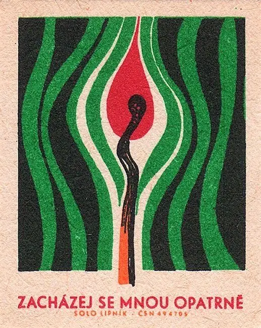 Vintage Czech safety poster — lit match with green wavy stripes