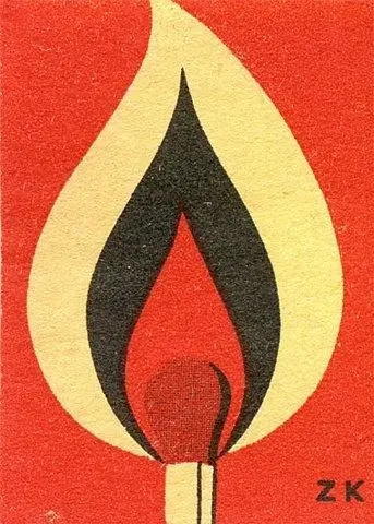 Vintage matchbox-style flame illustration, red/yellow/black