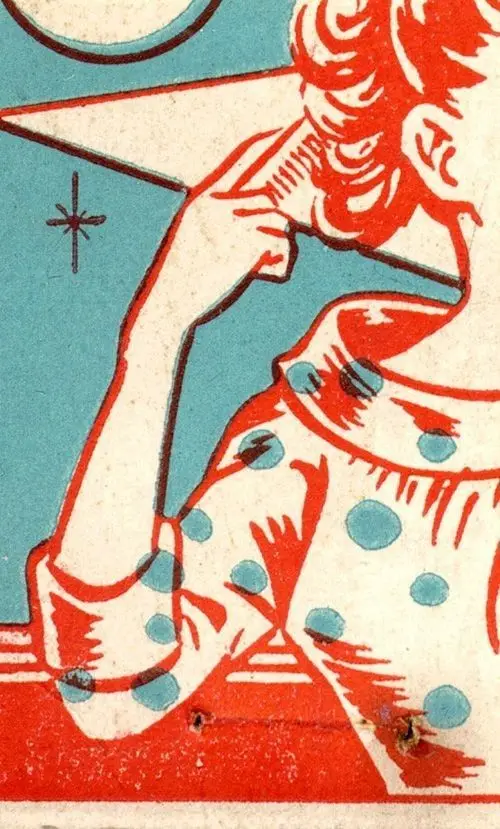 Mid-century screen-printed illustration — polka-dot blouse in red & teal