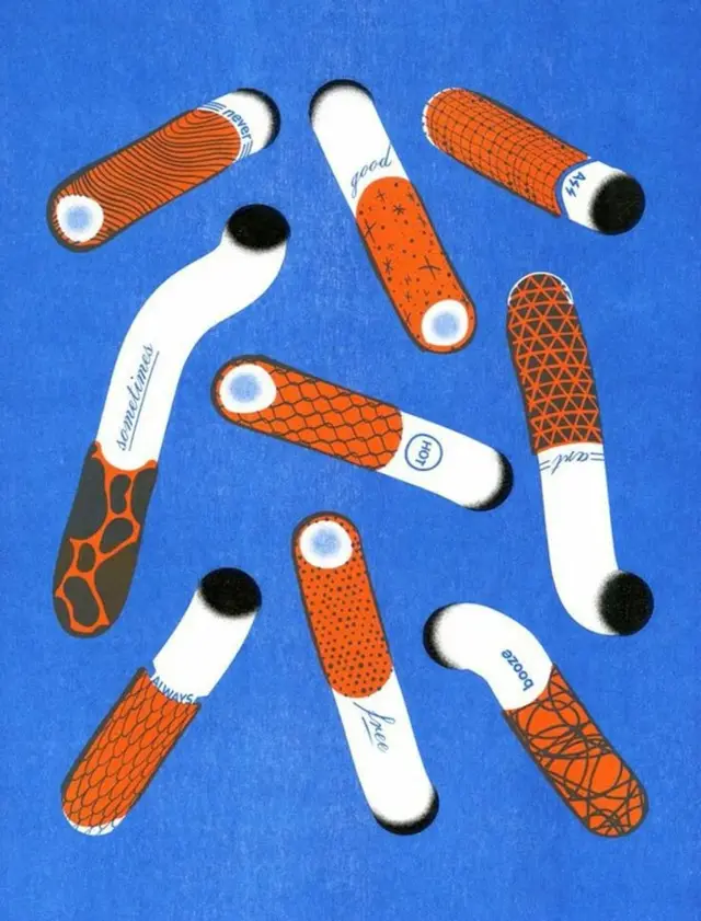 Orange patterned tubular capsules on cobalt blue poster