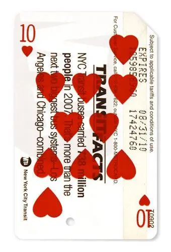 New York City Transit 'Transit Facts' card with 10-of-hearts motif
