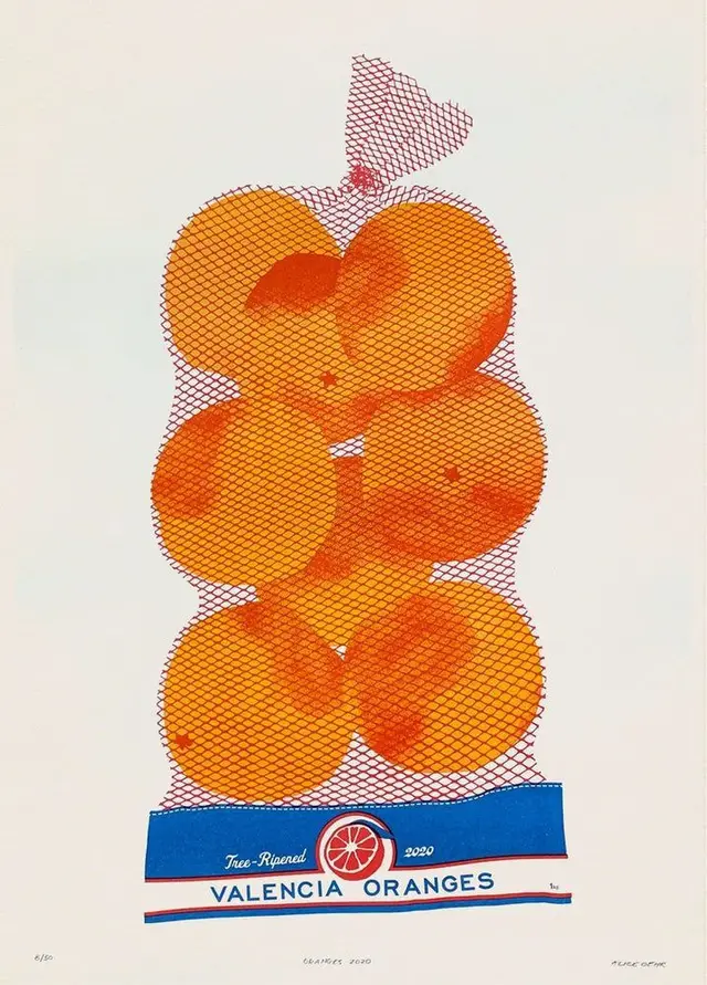 Screenprint-style poster of Valencia oranges in red mesh bag with blue label (2020)