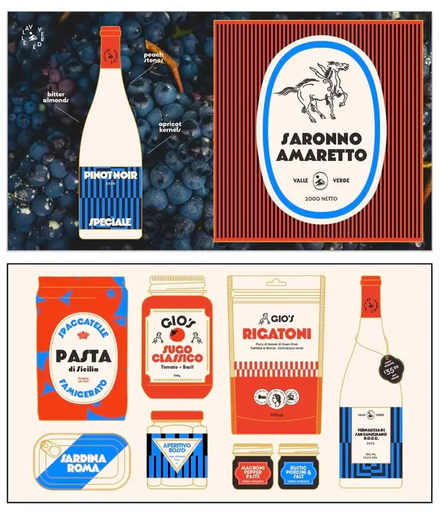 Retro Italian pantry packaging collage — Saronno Amaretto label and illustrated grocery wa