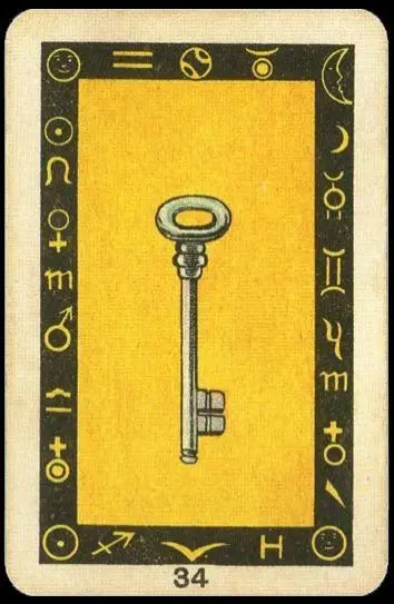 Vintage divination card — key motif with zodiac glyph border (34)