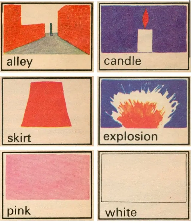Vintage mid‑century illustrated vocabulary flashcards — alley, candle, skirt, explosion, p