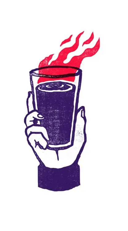 Linocut-style hand holding steaming glass with red flame