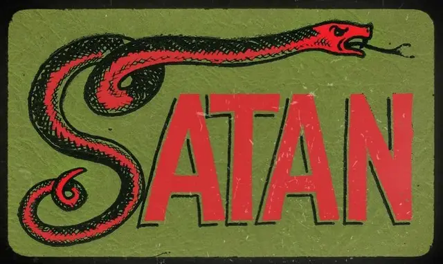 Red snake forming 'S' with bold 'ATAN' on olive-green vintage label