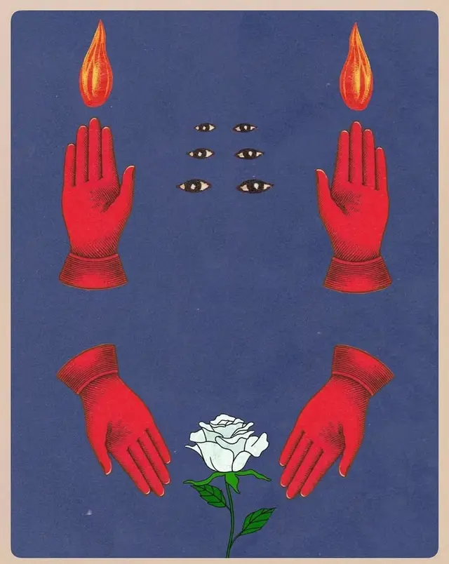 Surreal vintage illustration — red gloves, white rose, floating eyes and flames