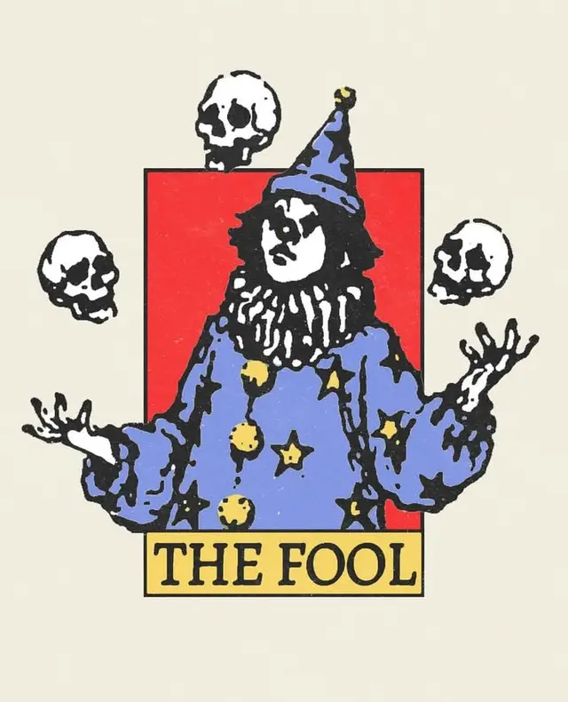 Vintage tarot-style 'The Fool' illustration with skulls