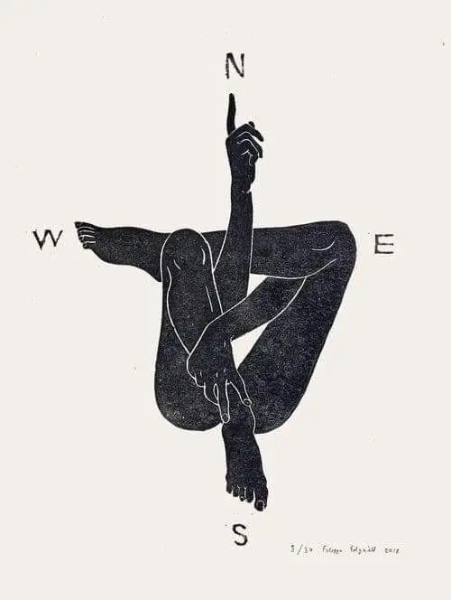 Monochrome linocut-style print of intertwined limbs as compass