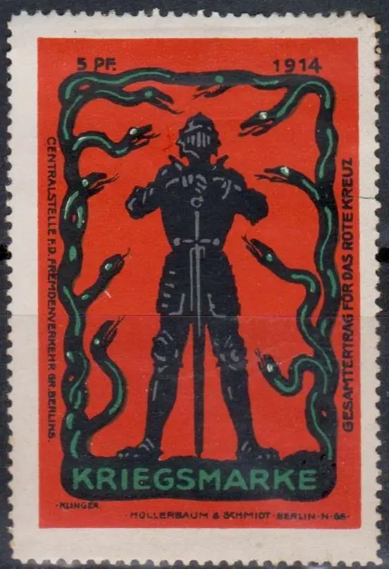 1914 German Kriegsmarke fundraising stamp — armored knight framed by snakes
