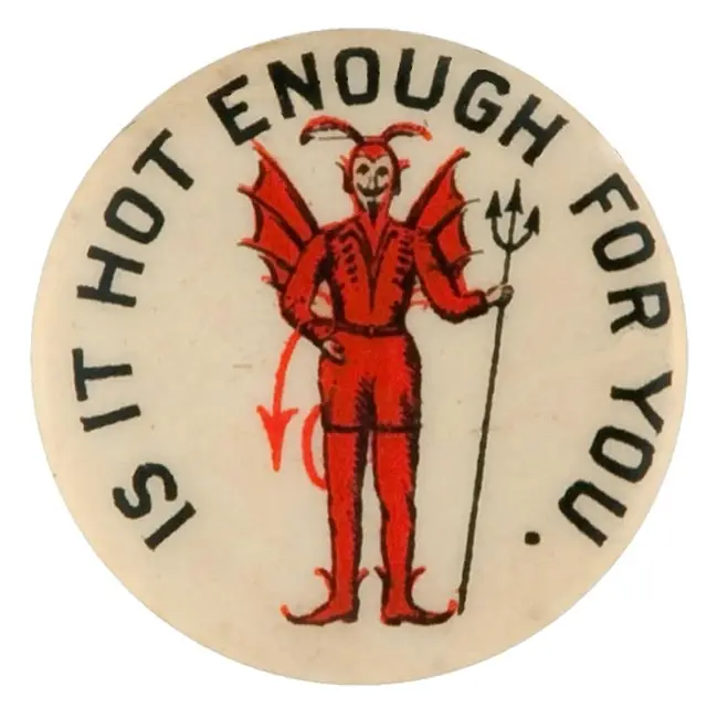 Vintage round novelty pin — red devil with trident and slogan