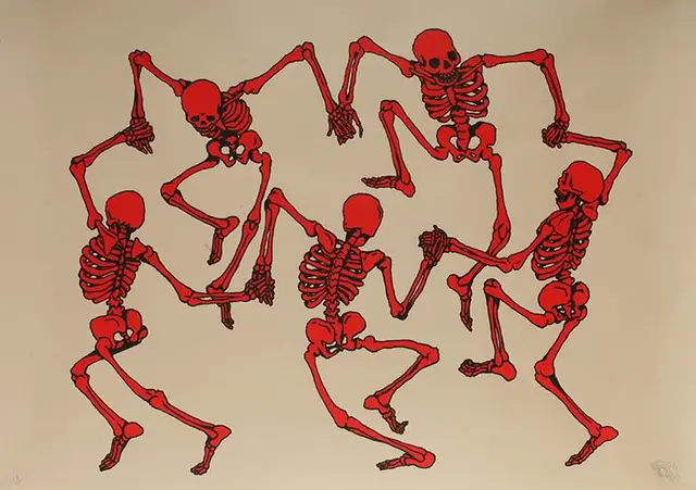 Red Dancing Skeletons Illustration on Beige Background