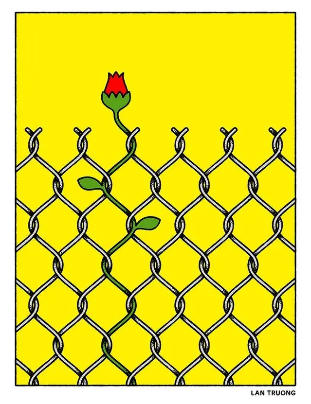 Red Tulip Threading Through Chain-Link Fence — Illustration by Lan Truong