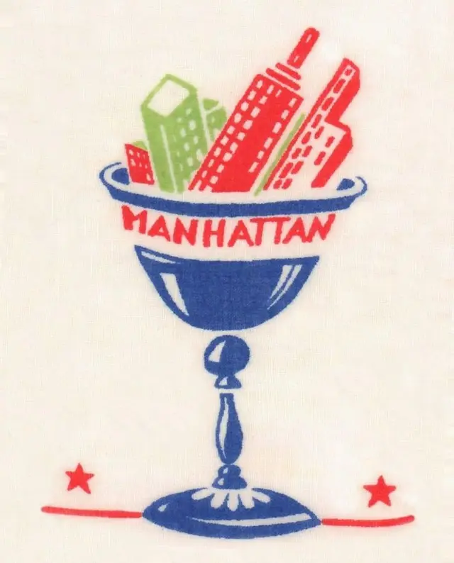 Vintage-style Manhattan cocktail graphic with skyline in coupe glass