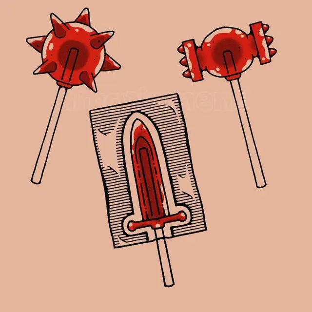 Red weapon-shaped lollipop illustration — mace, war hammer and sword popsicle
