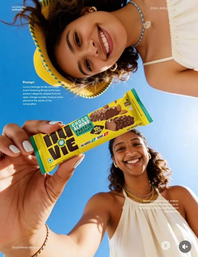 Low-angle summer product shot — yellow 'Choco Almond' protein bar held toward camera byTwo