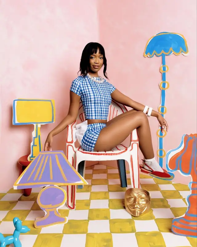 Pop‑Art Fashion Editorial — Blue Gingham Two‑Piece in Pastel Set